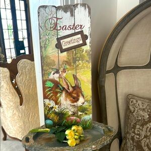 NWT Easter Greetings Rustic Wood Sign with Rabbit Design
